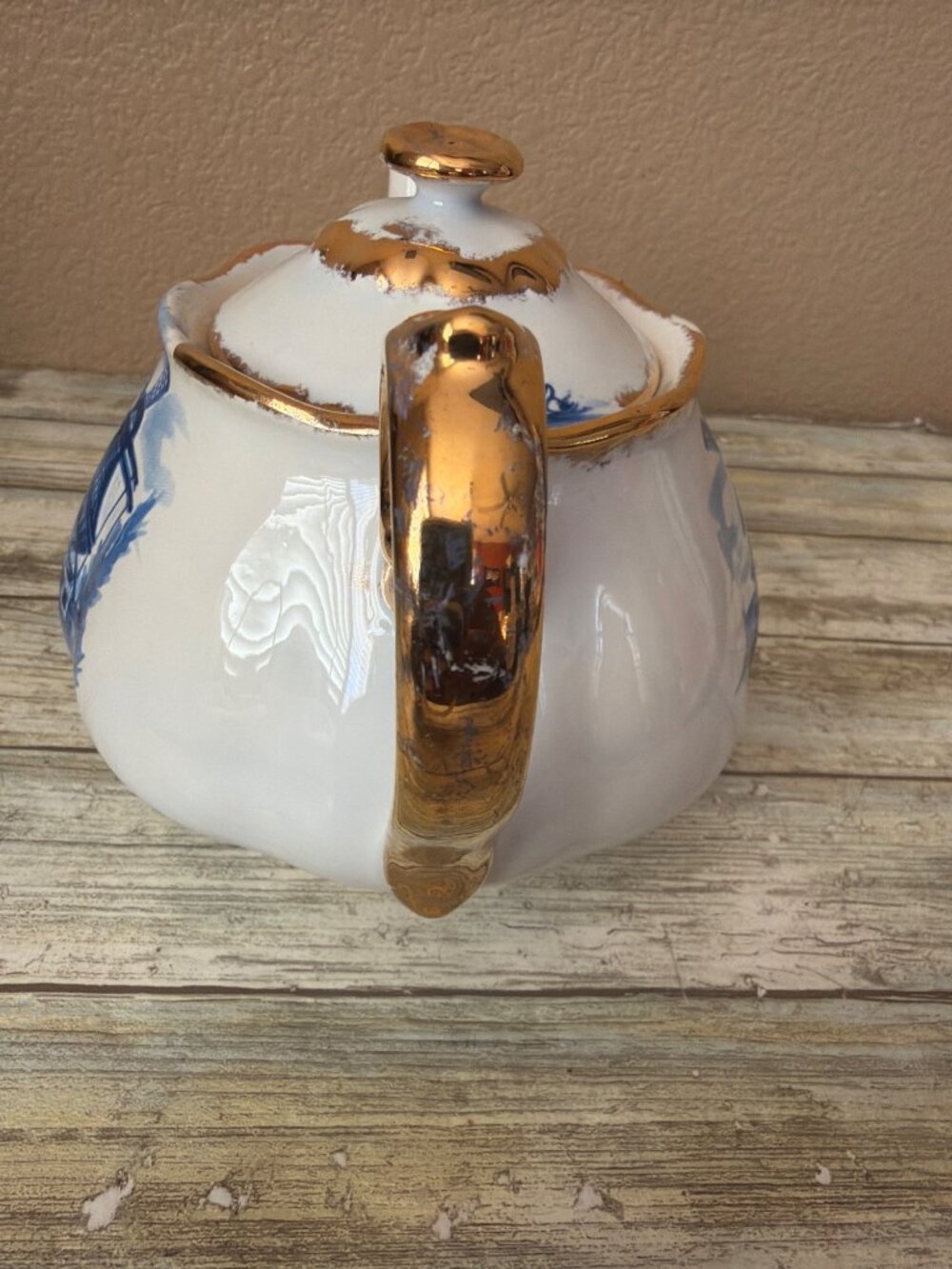 Vintage Arnels Ceramic Teapot w/Lid Blue Windmill Design Gold Trim Rare Pattern - Picture 8 of 15